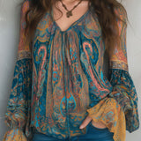 Paisley Print Sheer V-Neck Blouse