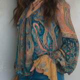 Paisley Print Sheer V-Neck Blouse