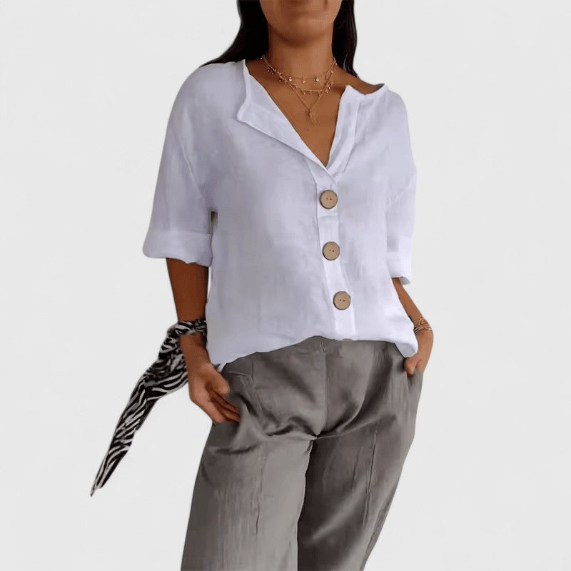 Relaxed Button Front Linen Blend Blouse