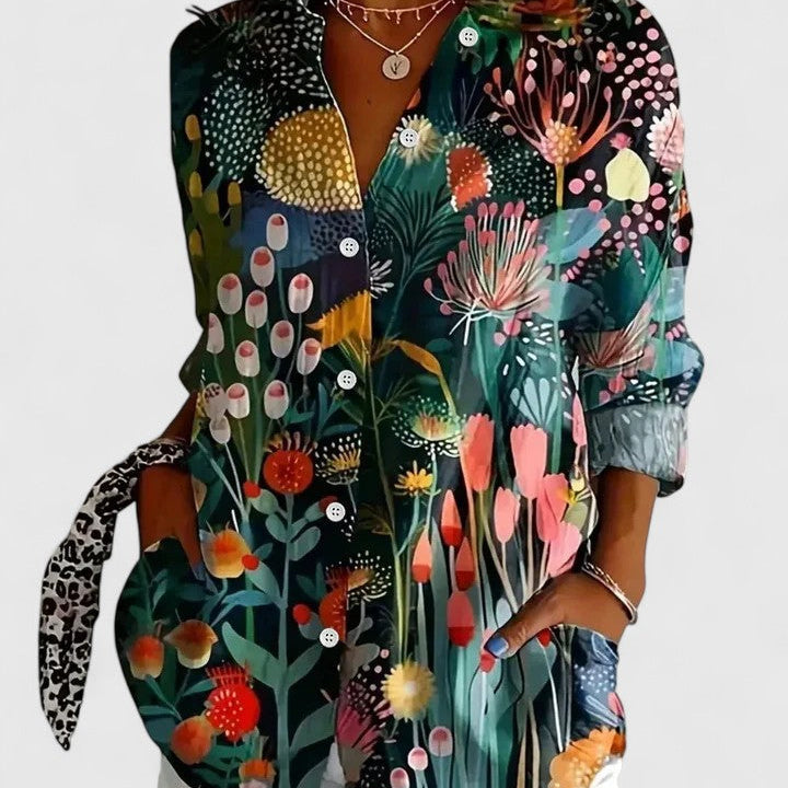 Abstract Print Button Front Blouse