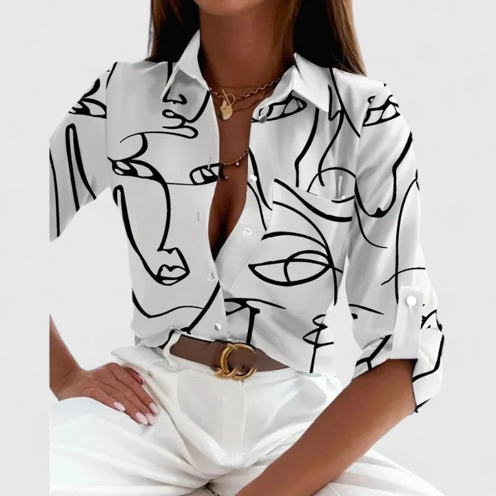 Geometric Print Button Front Blouse