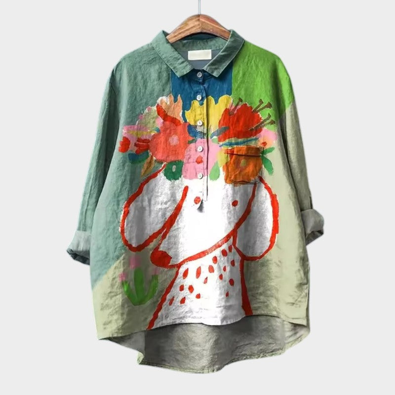 Artistic Print Oversized Button Front Blouse
