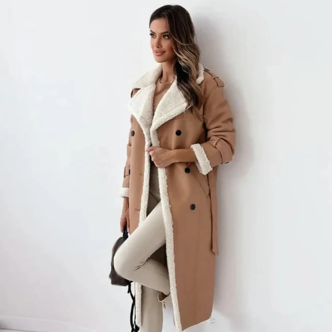 Women's Long Fleece-Lined Coat with Teddy Collar