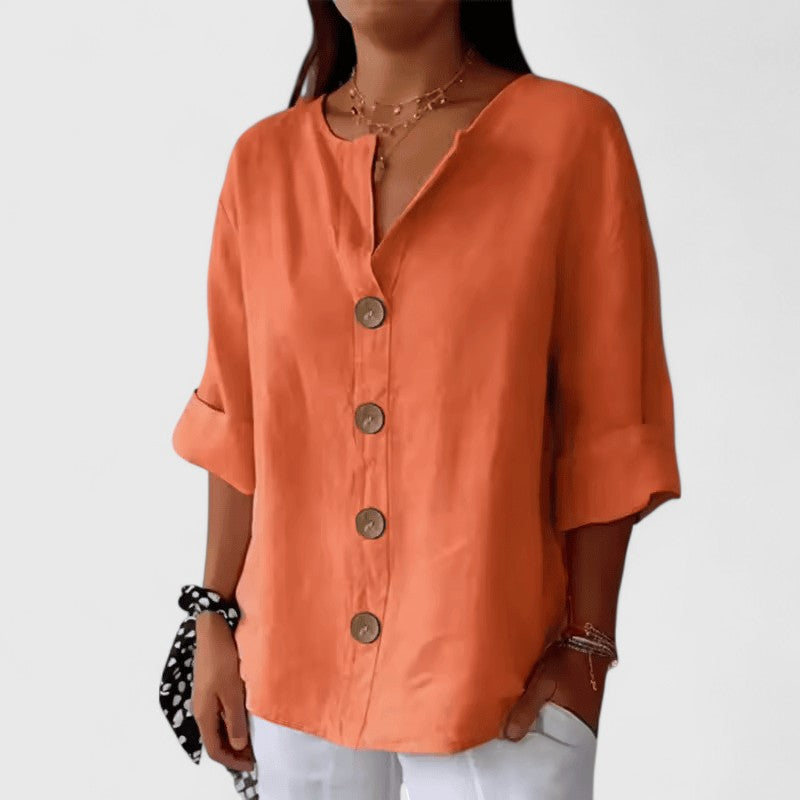 Relaxed Button Front Linen Blend Blouse