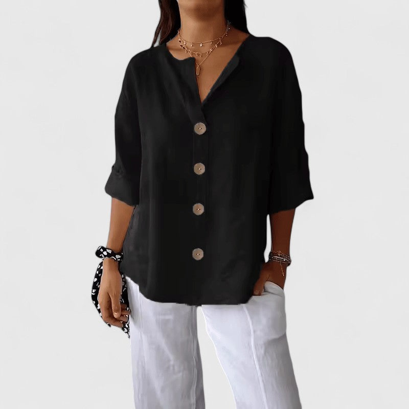 Relaxed Button Front Linen Blend Blouse