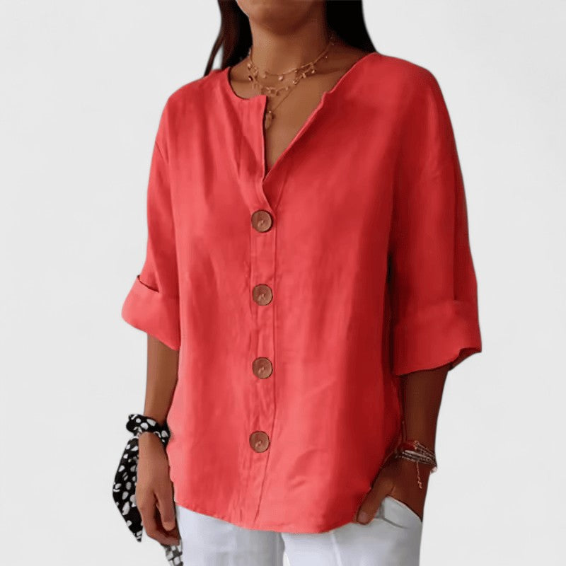 Relaxed Button Front Linen Blend Blouse
