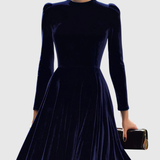 Velvet Pleated Long Sleeve Midi Dress