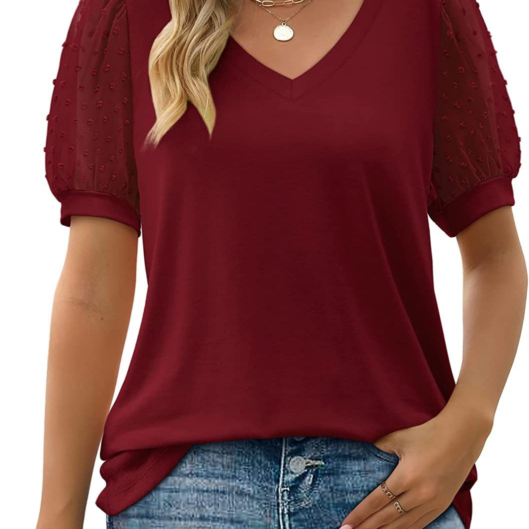 V-Neck Short Sleeve Lace Sleeve T-Shirt