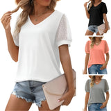 V-Neck Short Sleeve Lace Sleeve T-Shirt