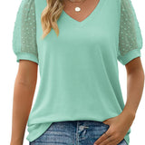 V-Neck Short Sleeve Lace Sleeve T-Shirt