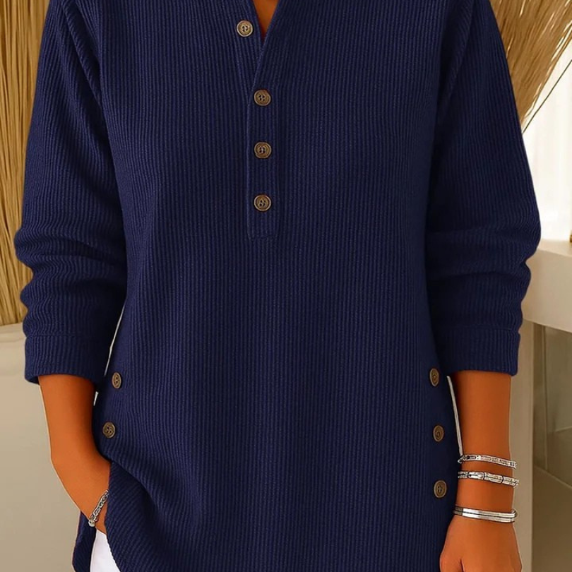 Henley Button Long Sleeve Tunic Blouse