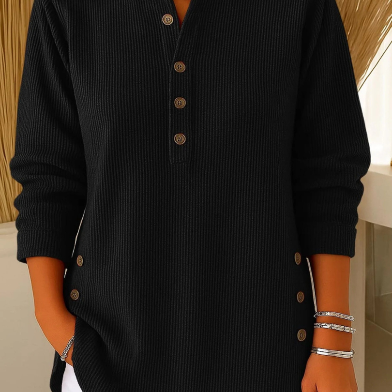 Henley Button Long Sleeve Tunic Blouse