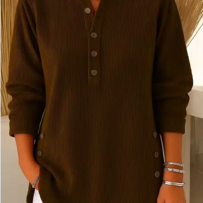 Henley Button Long Sleeve Tunic Blouse