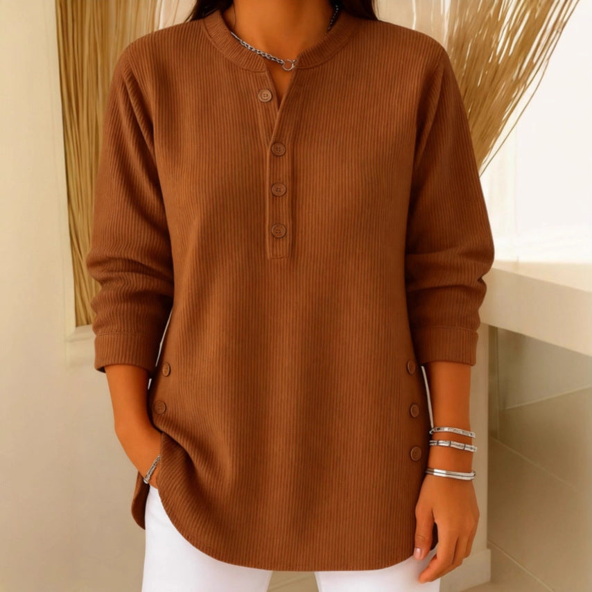Henley Button Long Sleeve Tunic Blouse