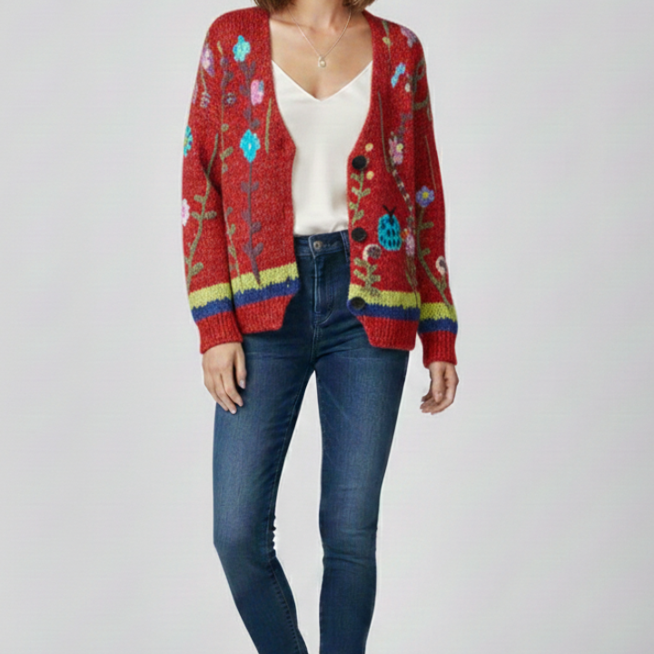 Women's Patterned Knit V-Neck Button Cardigan