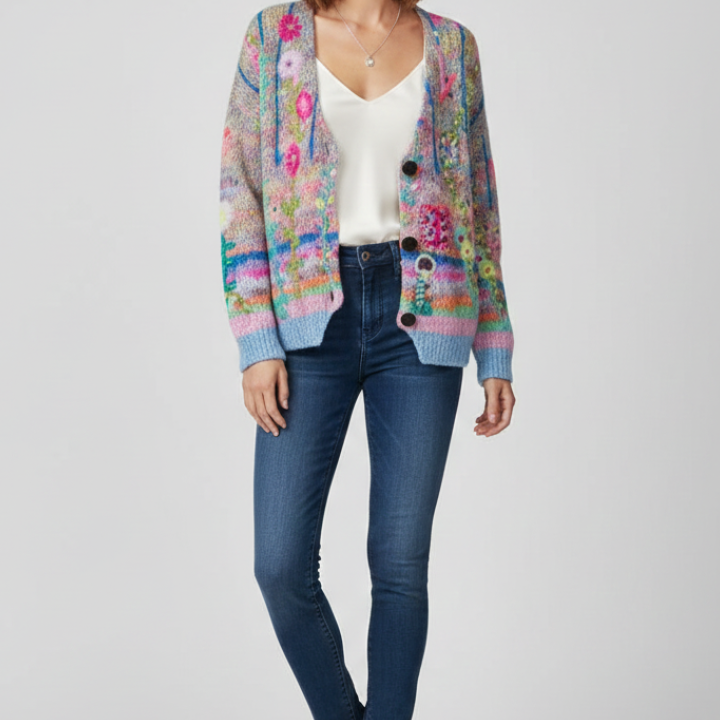Women's Patterned Knit V-Neck Button Cardigan