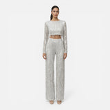 Women's Sequin Crop Top and Wide-Leg Trouser Set