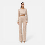 Women's Sequin Crop Top and Wide-Leg Trouser Set