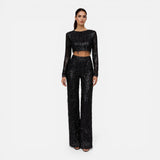 Women's Sequin Crop Top and Wide-Leg Trouser Set
