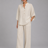 Women's Linen Blend Wide-Leg Two-Piece Set