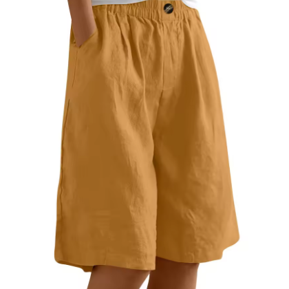 Elastic Waist Linen Blend Bermuda Shorts