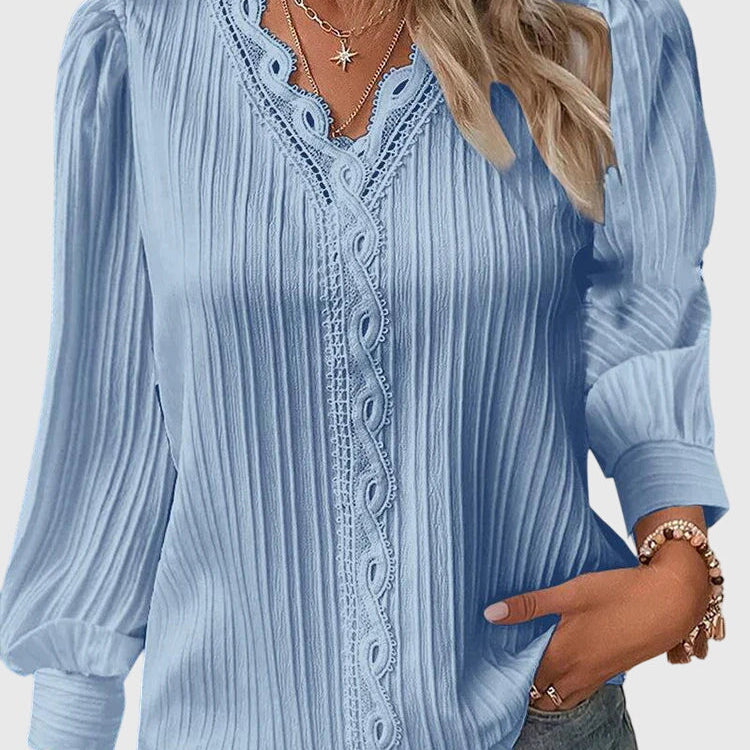 Pleated V-Neck Long Sleeve Blouse