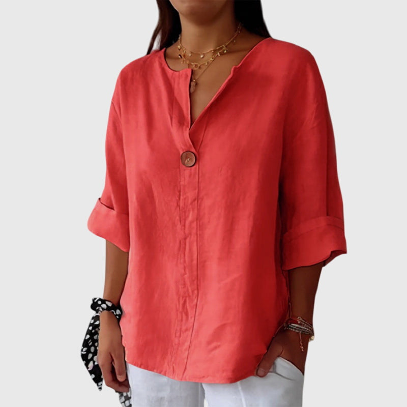 Relaxed V-Neck Linen Blend Blouse
