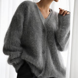 Women's Fuzzy V-Neck Button-Front Cardigan
