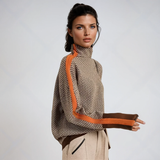 Women's Herringbone Turtleneck Sweater with Contrast Stripes