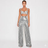 Women's High-Waist Sequin Wide-Leg Trousers