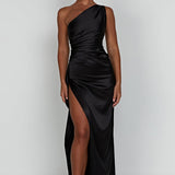 Selene | One-Shoulder Satin Slit Maxi Dress