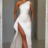 Selene | One-Shoulder Satin Slit Maxi Dress