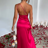 Selene | One-Shoulder Satin Slit Maxi Dress