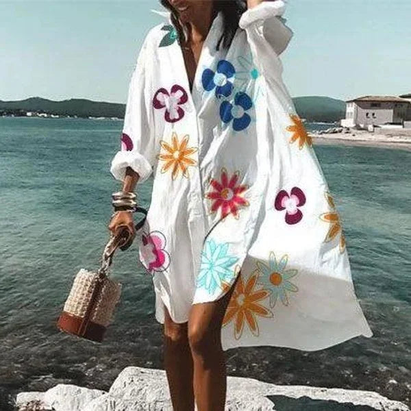 Printed Button Front Beach Cover Up