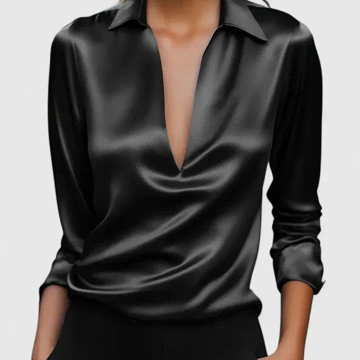 Satin Wrap V-Neck Blouse