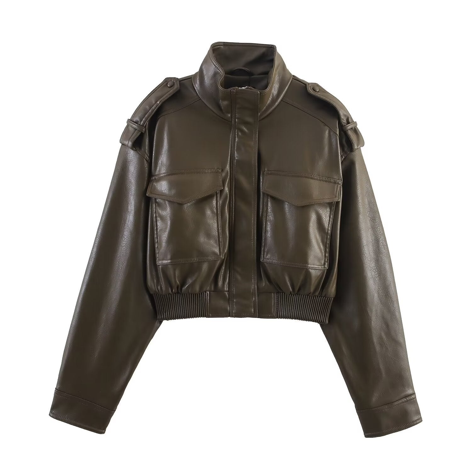 Women's Cropped Faux Leather Bomber Jacket