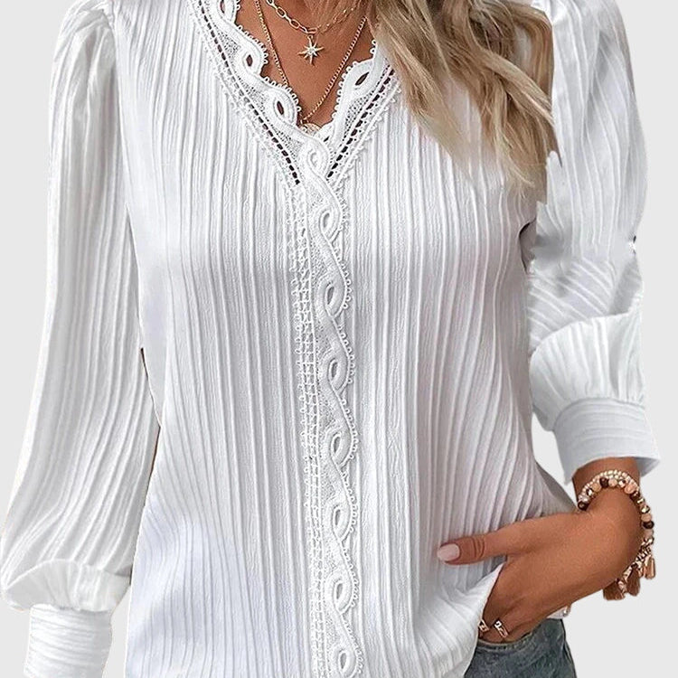 Pleated V-Neck Long Sleeve Blouse