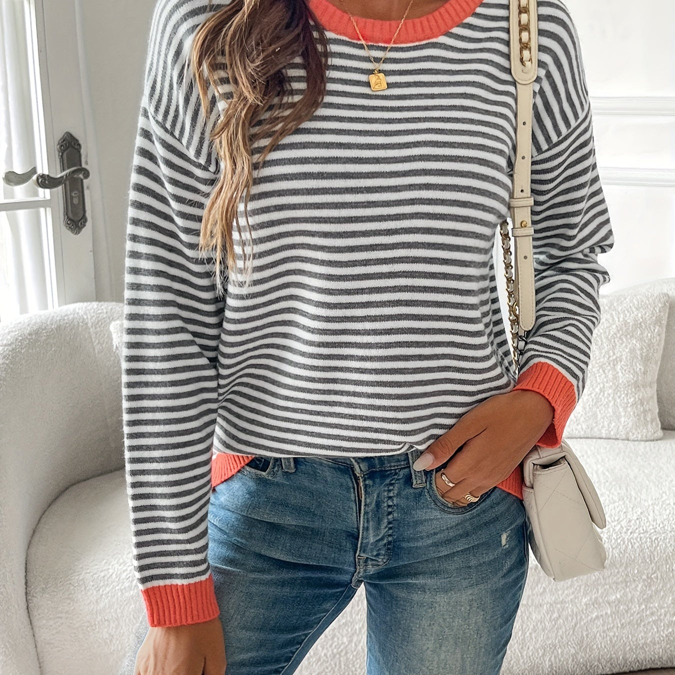 Women's Striped Crew Neck Knit Sweater