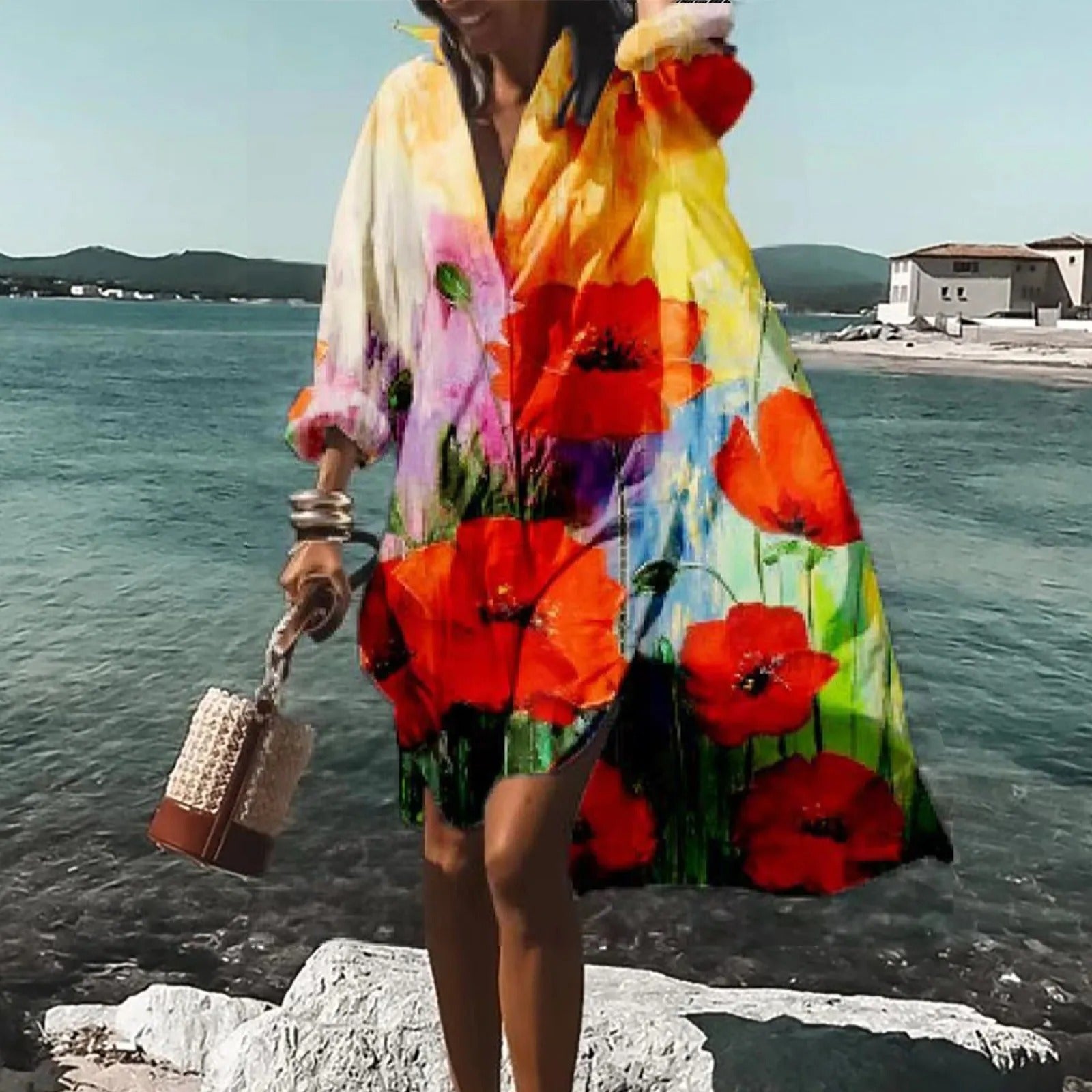 Bohemian Printed V-Neck Beach Cover Up Dress