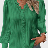 Pleated V-Neck Long Sleeve Blouse