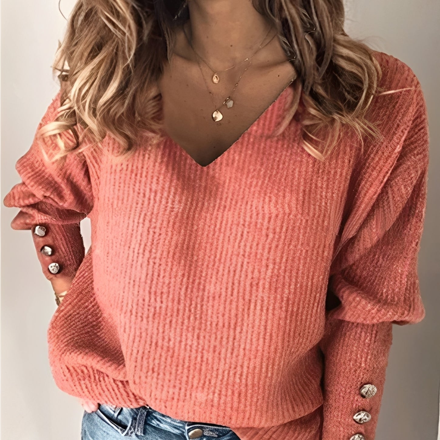 Ribbed Knit V-Neck Pullover