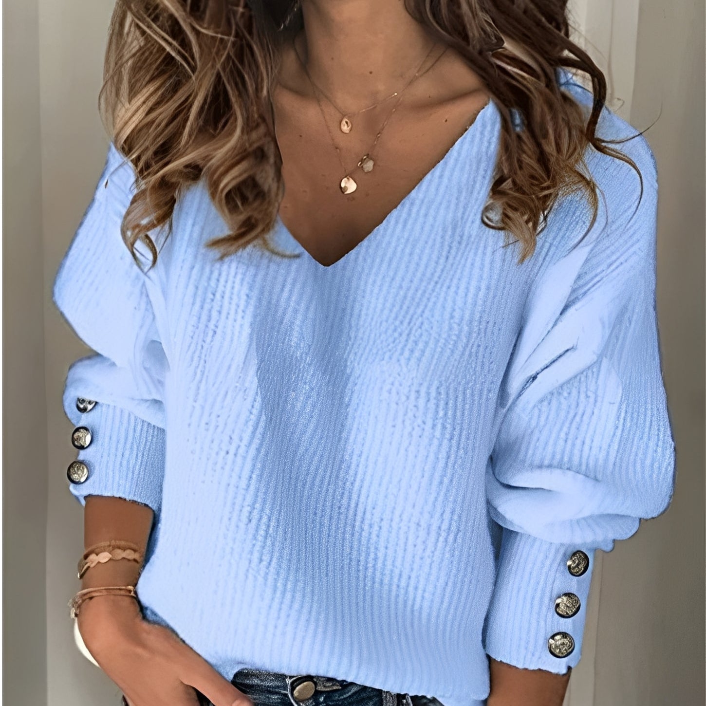 Ribbed Knit V-Neck Pullover