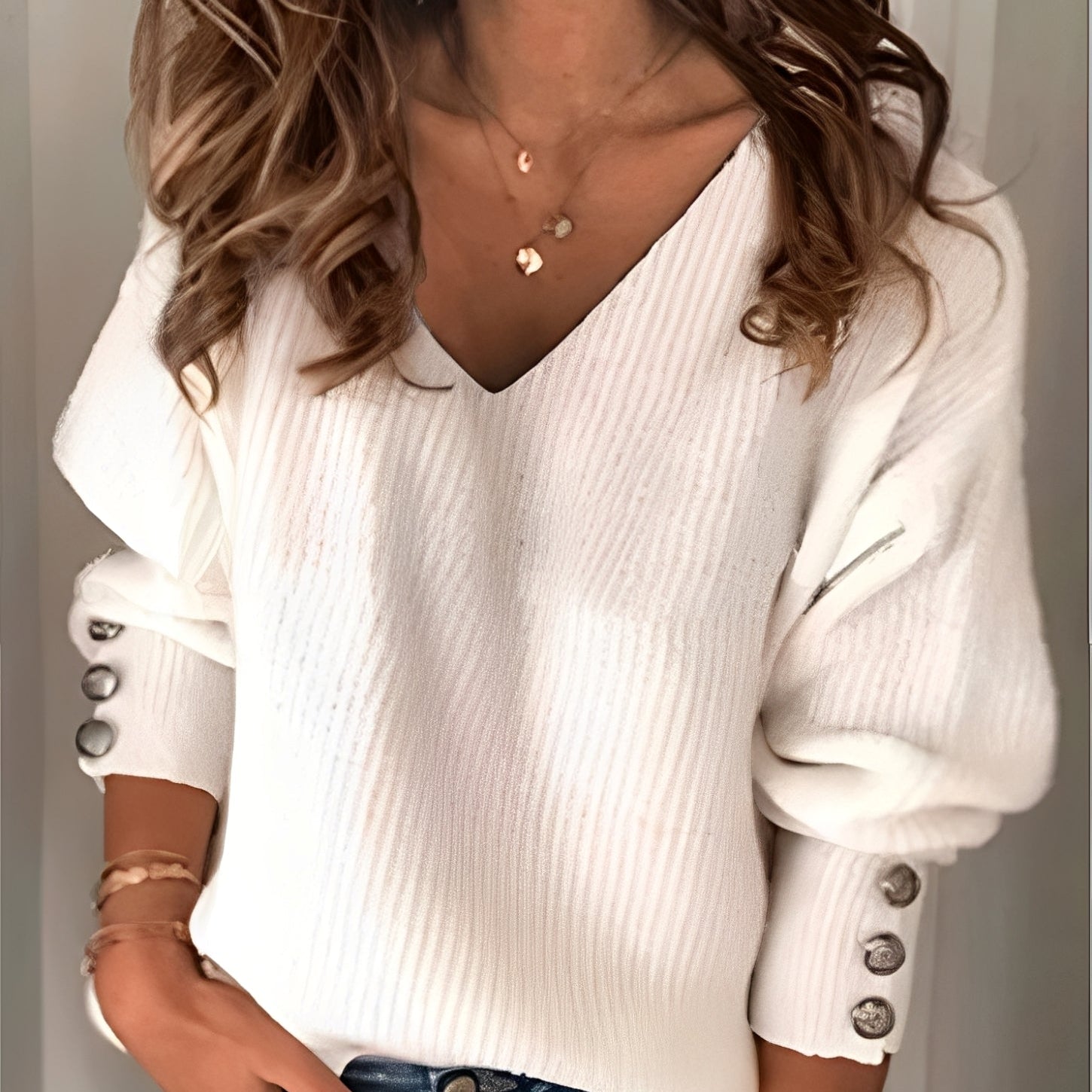 Ribbed Knit V-Neck Pullover