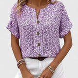 Floral Print Button Front V-Neck Blouse