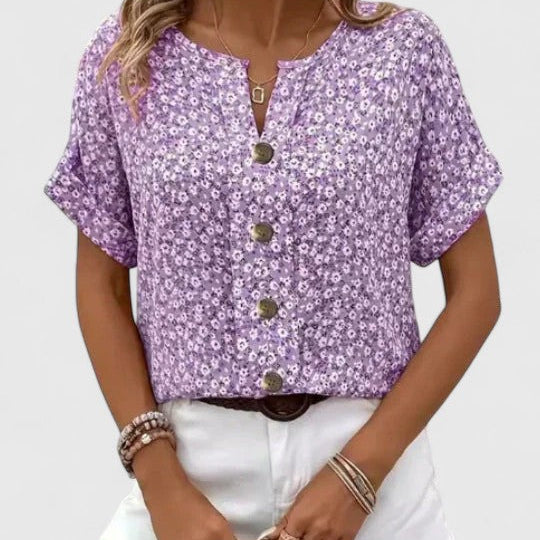 Floral Print Button Front V-Neck Blouse