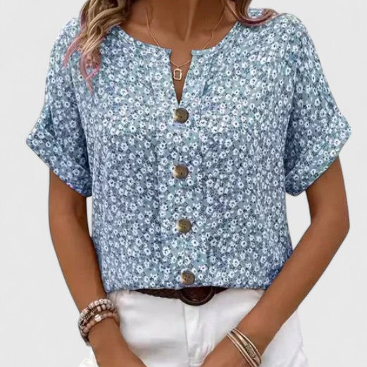 Floral Print Button Front V-Neck Blouse