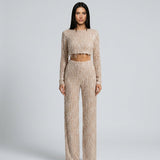 Women's Sequin Crop Top and Wide-Leg Trouser Set