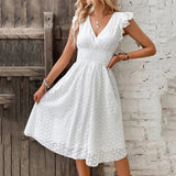 Embroidered V-Neck Midi Dress