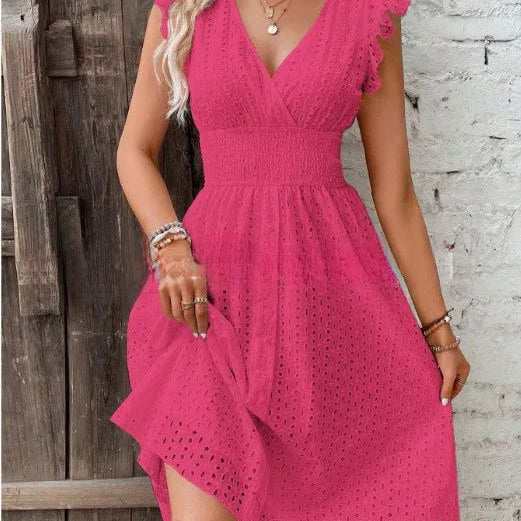 Embroidered V-Neck Midi Dress