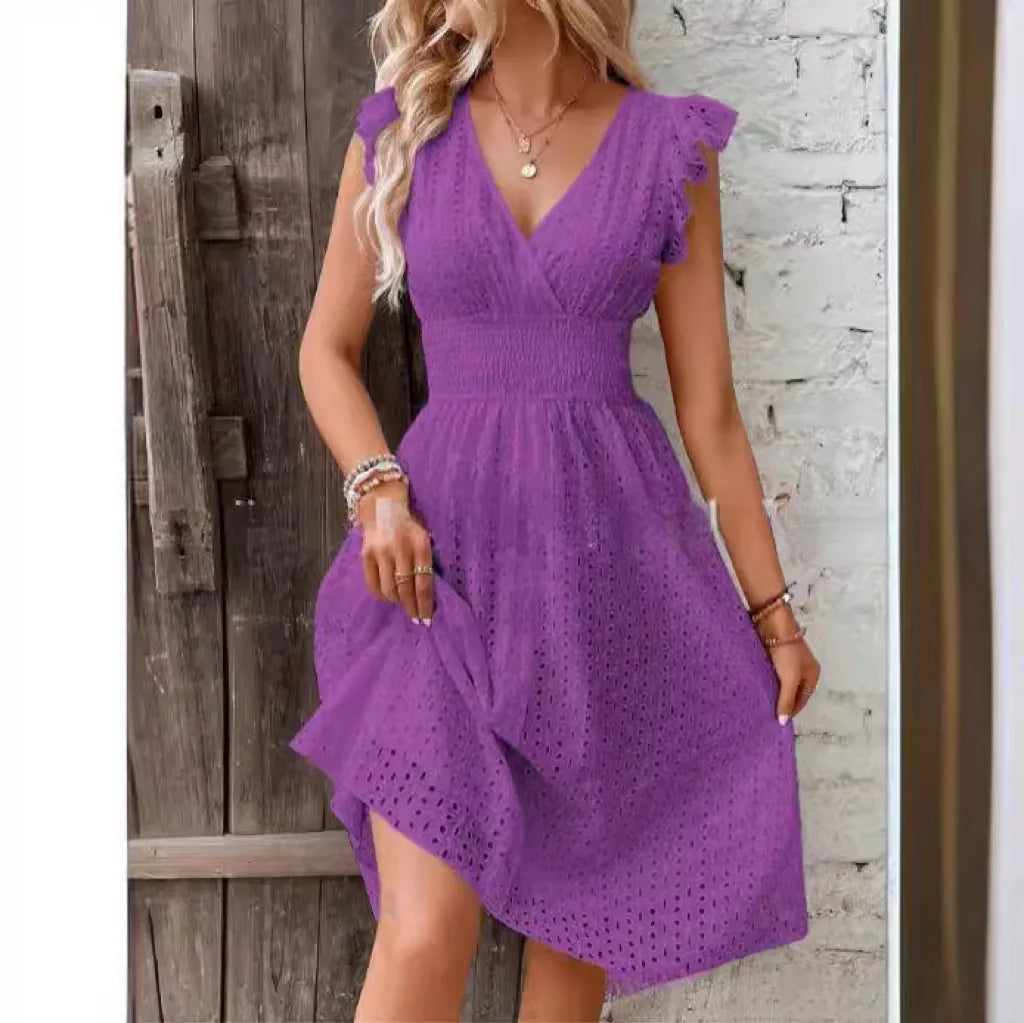 Embroidered V-Neck Midi Dress